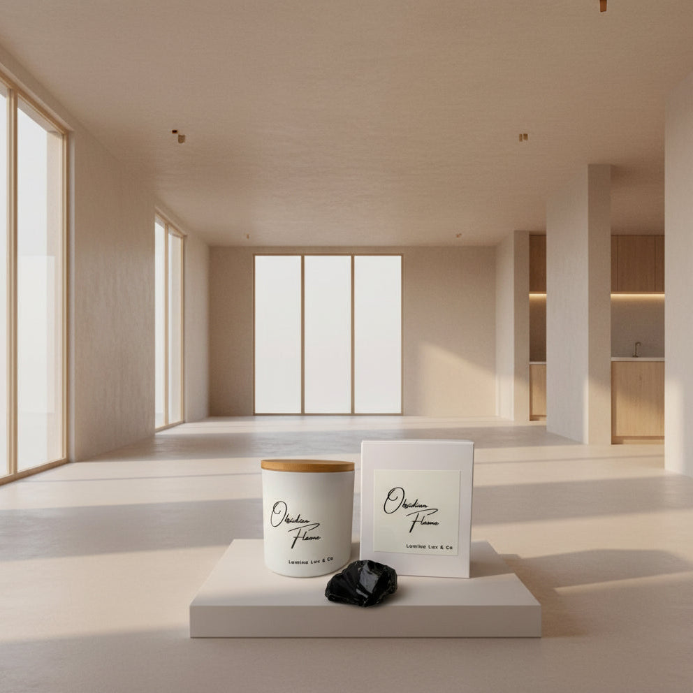 Candle labeled 'Obsidian Flame' by Lumina Lux & Co with a black obsidian stone on a neutral background.