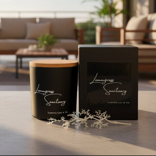 Black candle with wooden lid and matching packaging labeled 'Lemongrass Sanctuary' on a light background.