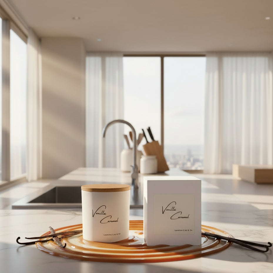 Vanilla Caramel candle and packaging on a soft fabric background