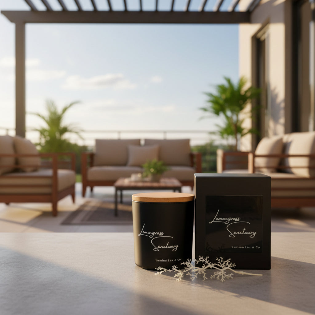 Black candle with wooden lid and matching packaging labeled 'Lemongrass Sanctuary' on a light background.