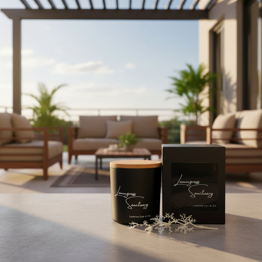 Black candle with wooden lid and matching packaging labeled 'Lemongrass Sanctuary' on a light background.